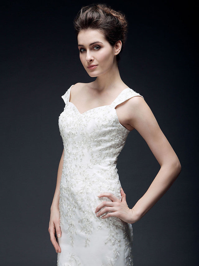 Affordable Mermaid Off Shoulder Wedding Dress Organza Short Sleeve Bridal Gowns with Sweep Train