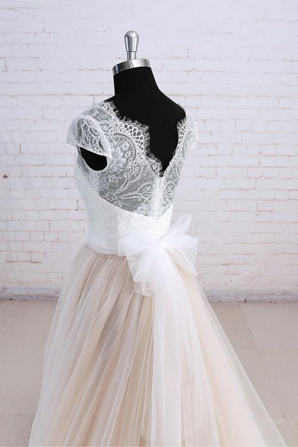 Affordable Shortsleeves Straps V-neck Wedding Dress | Tulle Ruffles Bridal Gowns