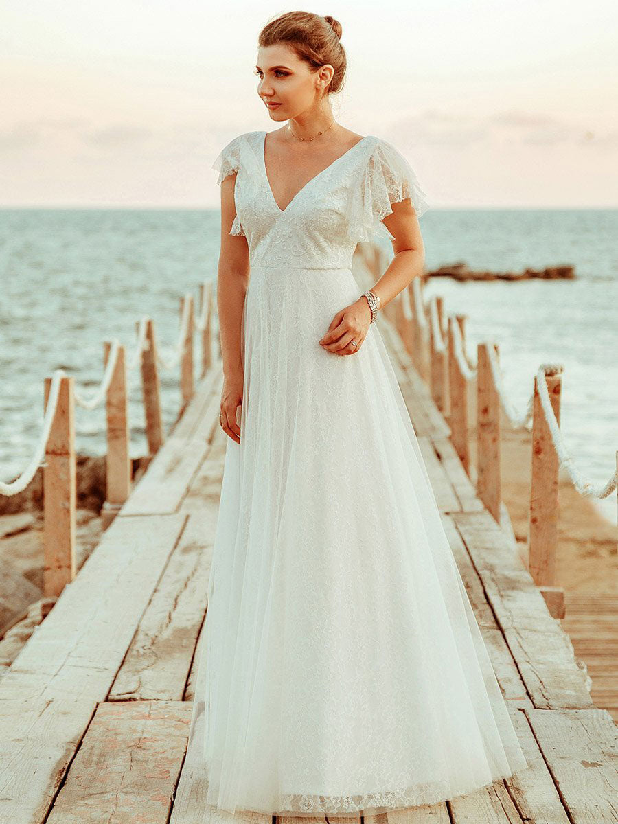 Affordable Sleeveless V Neck Chiffon Lace Zipper Beach Wedding Dresses