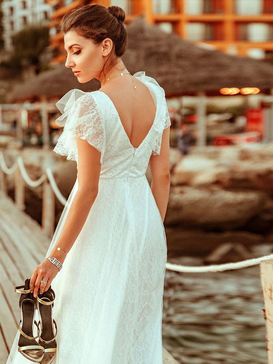 Affordable Sleeveless V Neck Chiffon Lace Zipper Beach Wedding Dresses