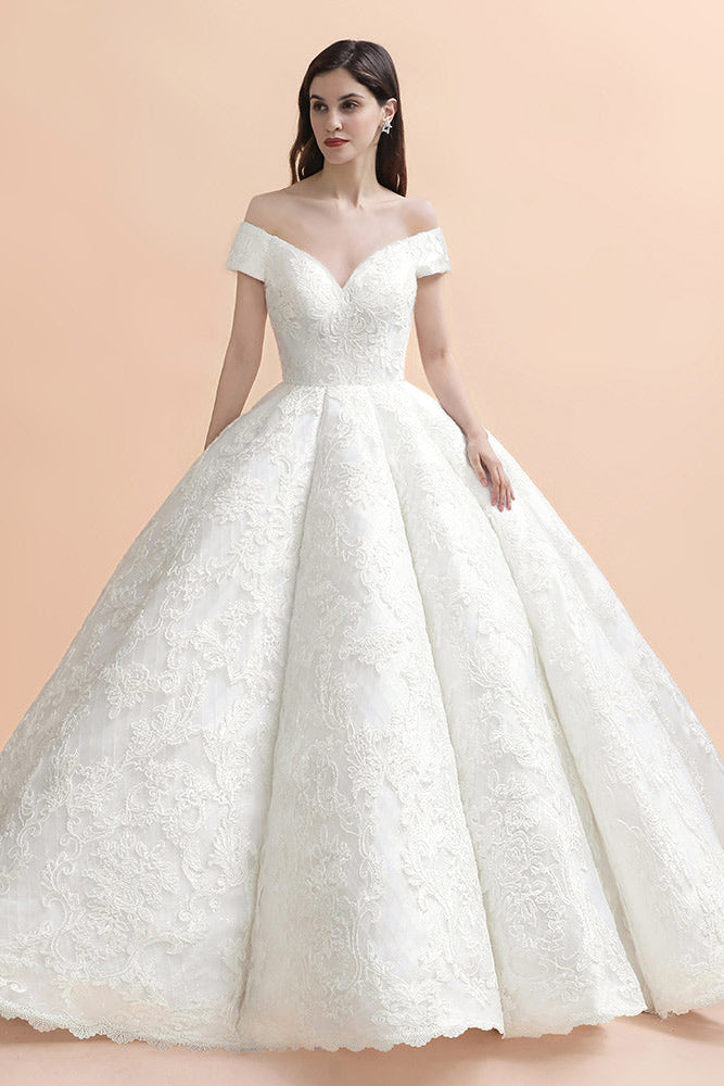 Affordable Straps White Tulle Wedding Dress | Appliques Lace A-line Bridal Gowns