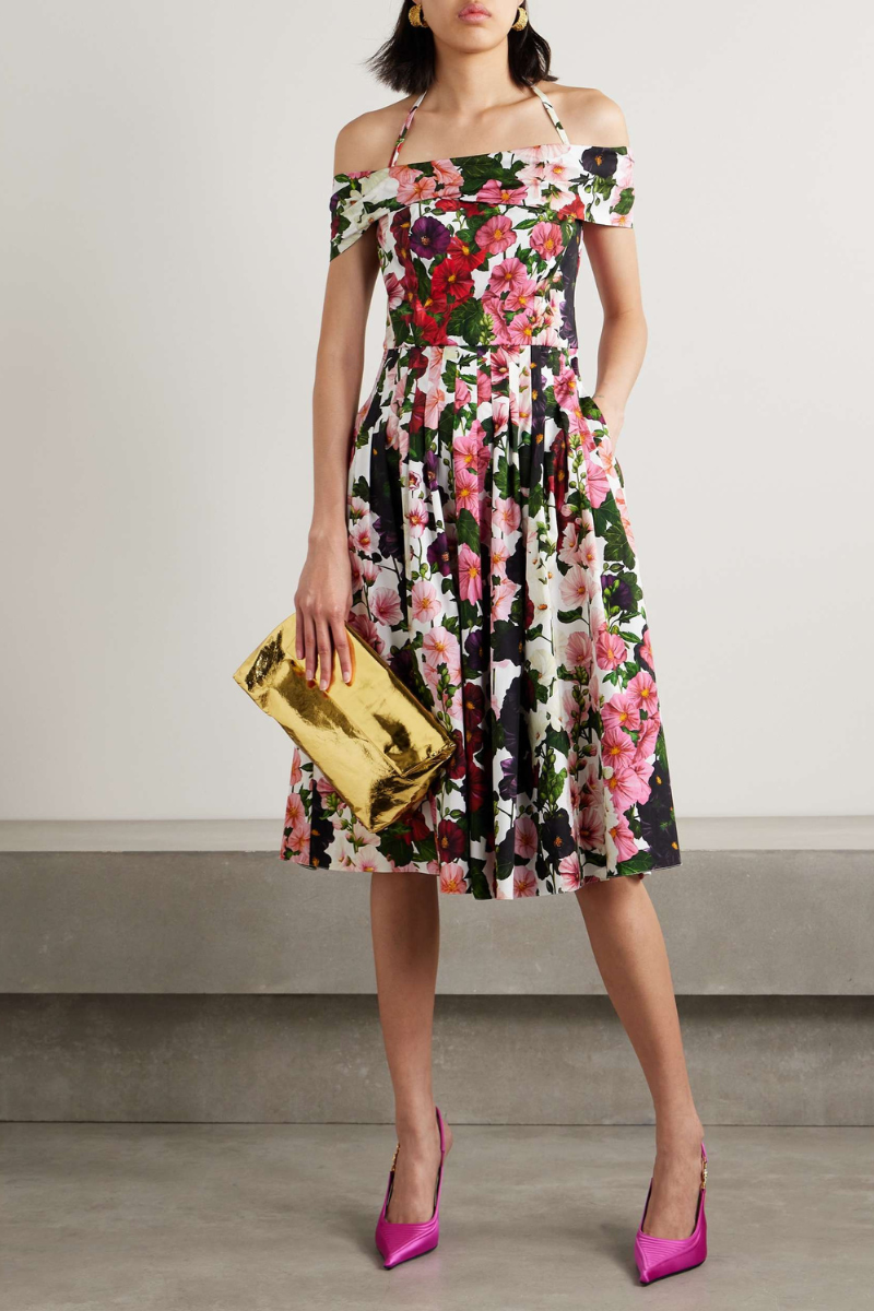 Silvia Minimalist Off the Shoulder Floral Midi Dress Boutique Collection