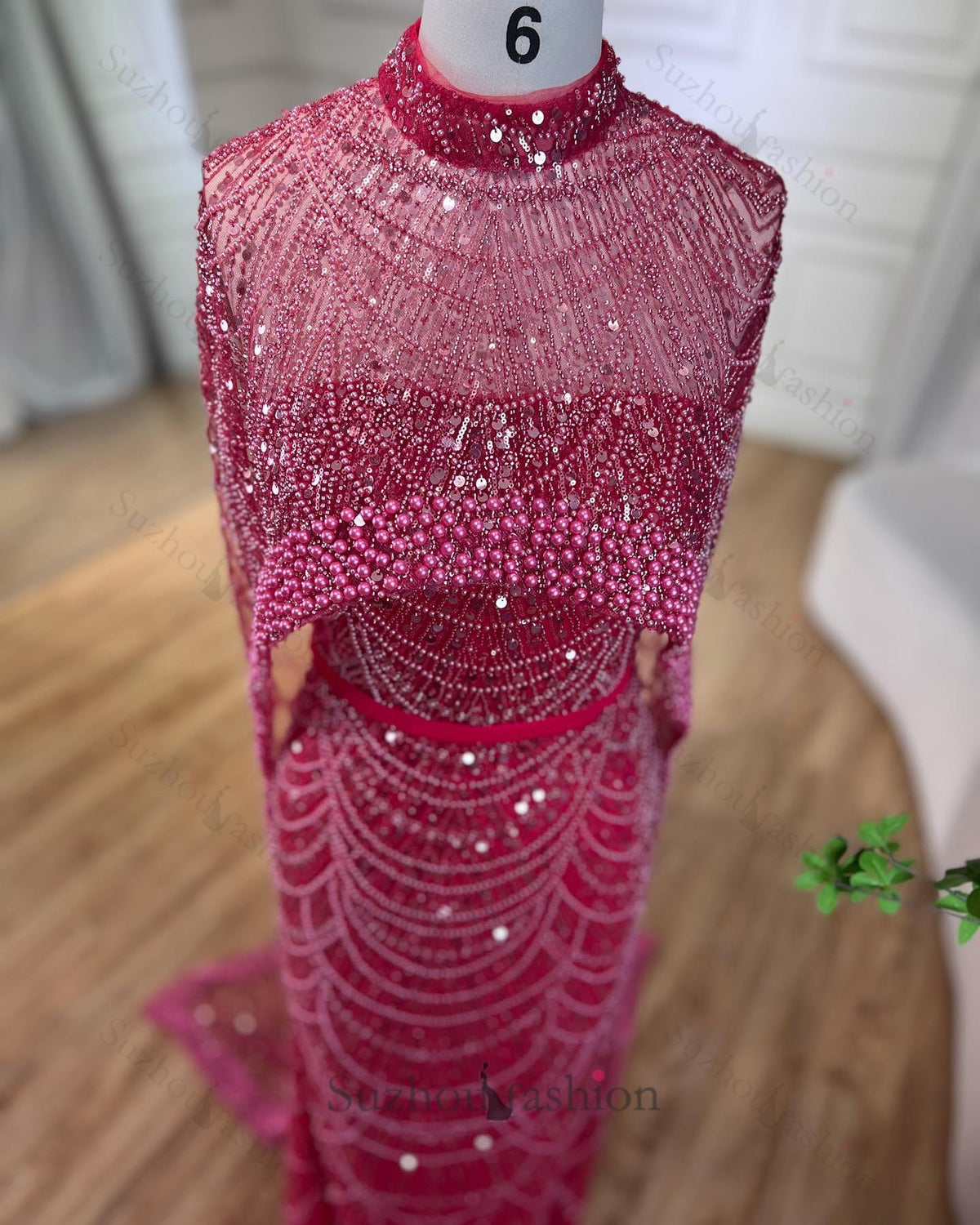Amazing Fuchsia Mermaid Prom Dress Beadings Pearls With Cape