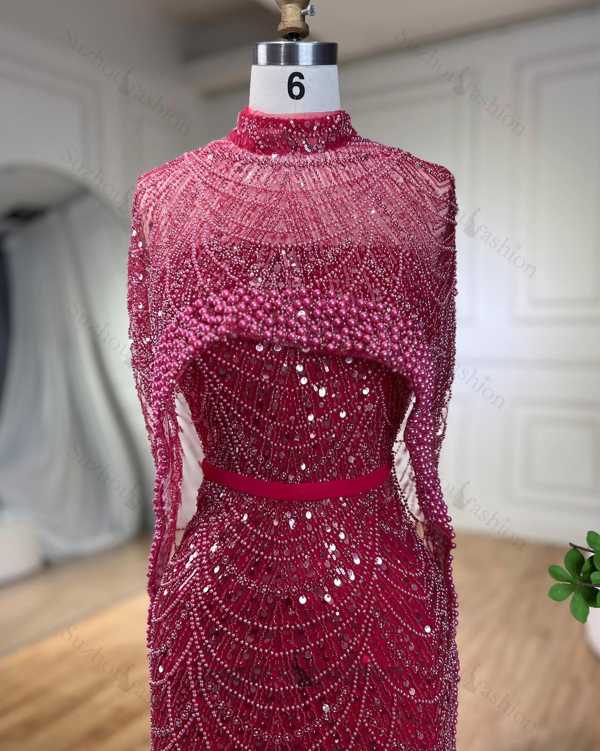 Amazing Fuchsia Mermaid Prom Dress Beadings Pearls With Cape