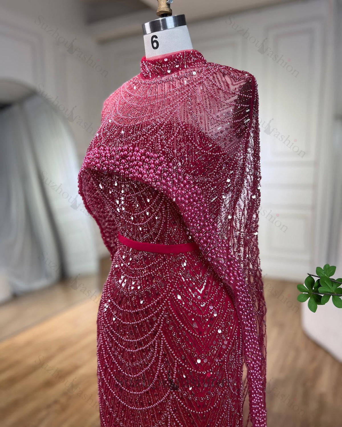 Amazing Fuchsia Mermaid Prom Dress Beadings Pearls With Cape