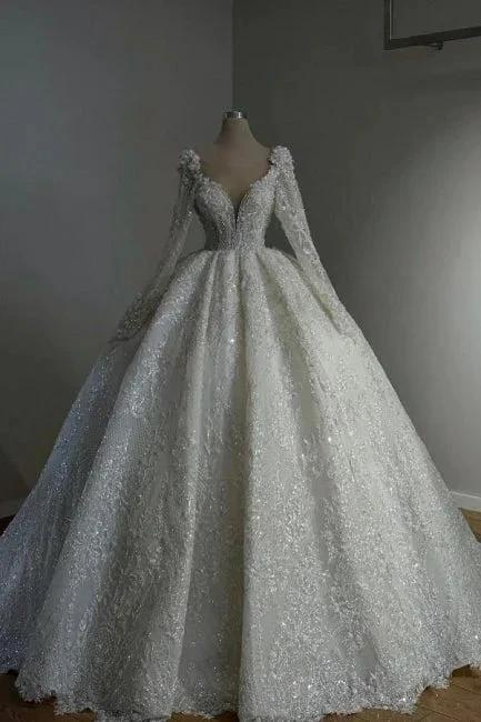 Amazing Long Princess A-line V-neck Lace Beading Wedding Dresses With Long Sleeves (ZD15626)