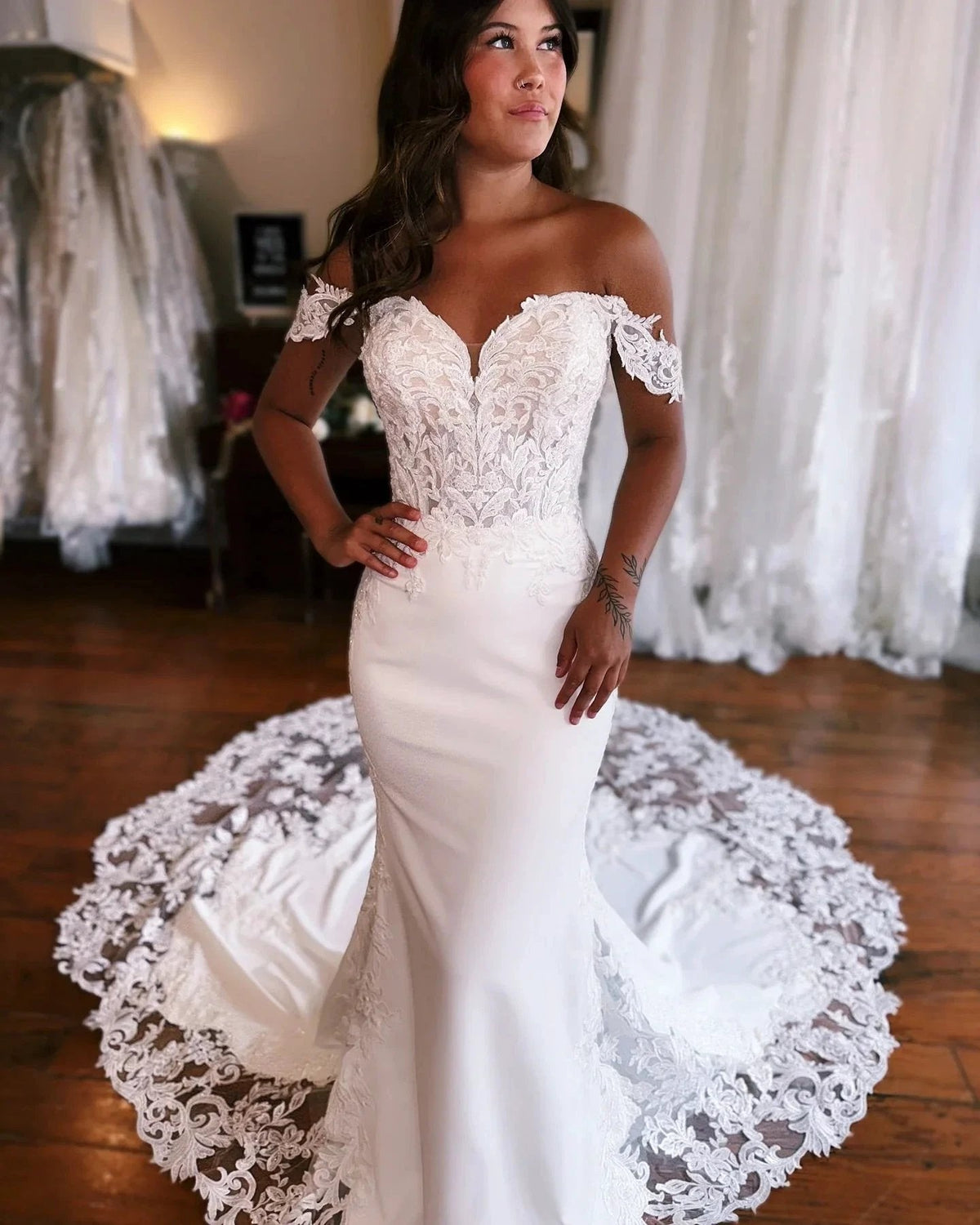 Amazing Mermaid Off-the-shoulder Sweetheart Sleeveless Appliques Satin Lace Train Wedding Dress (ZD15581)