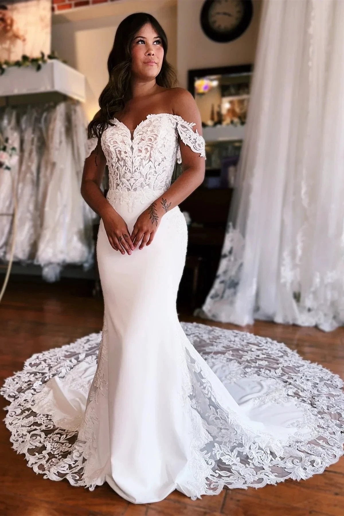 Amazing Mermaid Off-the-shoulder Sweetheart Sleeveless Appliques Satin Lace Train Wedding Dress (ZD15581)