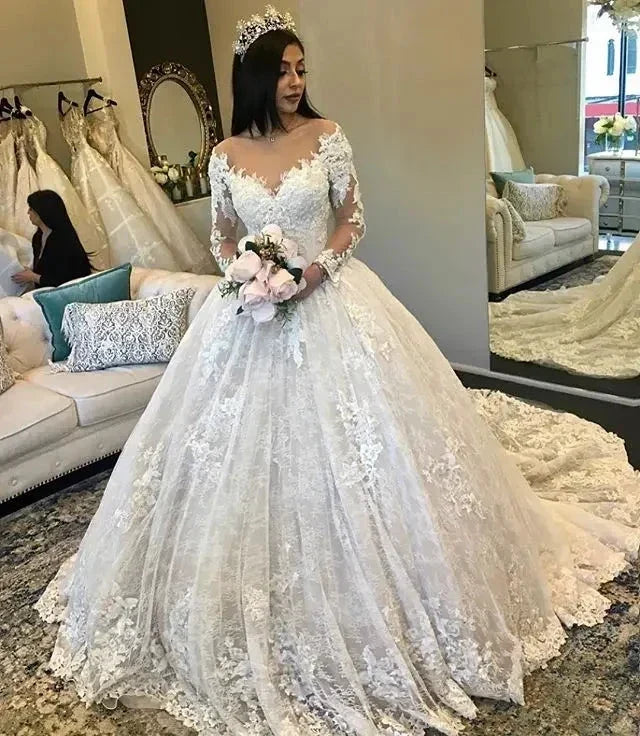 Amazing New Puffy Wedding Dresses Sheer Neck Long Sleeves Ball Gown Court Train Beaded Lace Bride Dress mariage (ZD14124) - VelvetHem