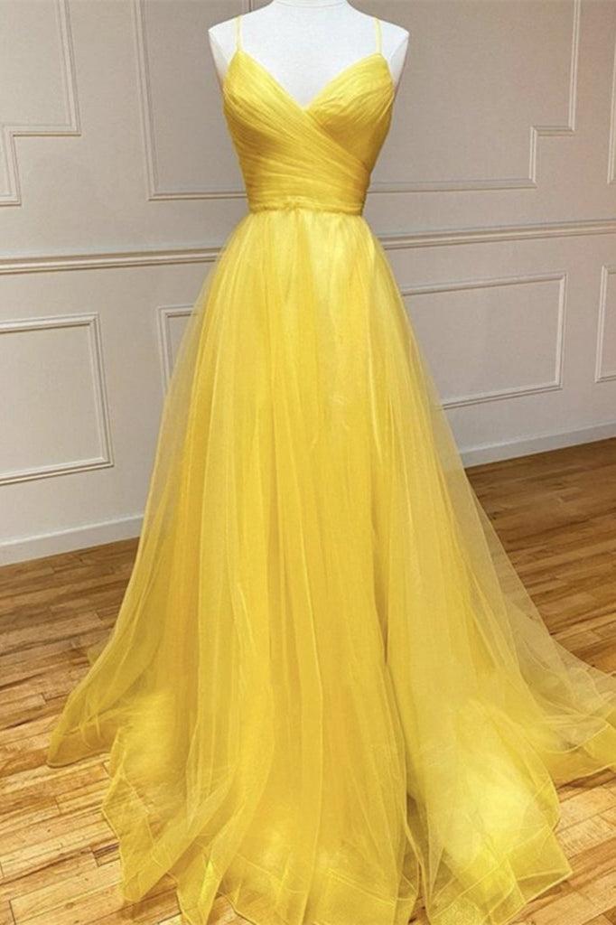 Amazing Yellow Prom Dress Spaghetti Strap Sleeveless V Neck Evening Formal Dress