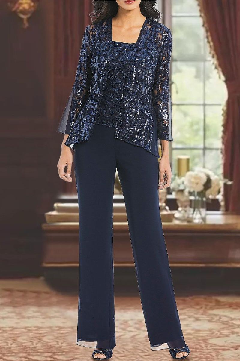 Ankle Length 3 Piece Chiffon Pantsuit With Square Neck And Applique For Mother Of The Bride