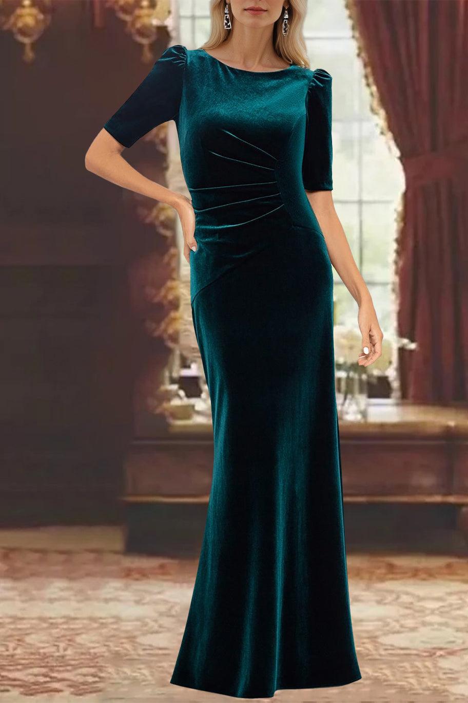 Ankle Length A Line Scoop Neck Mother of the Bride Dress with Half Sleeves and Ruffles