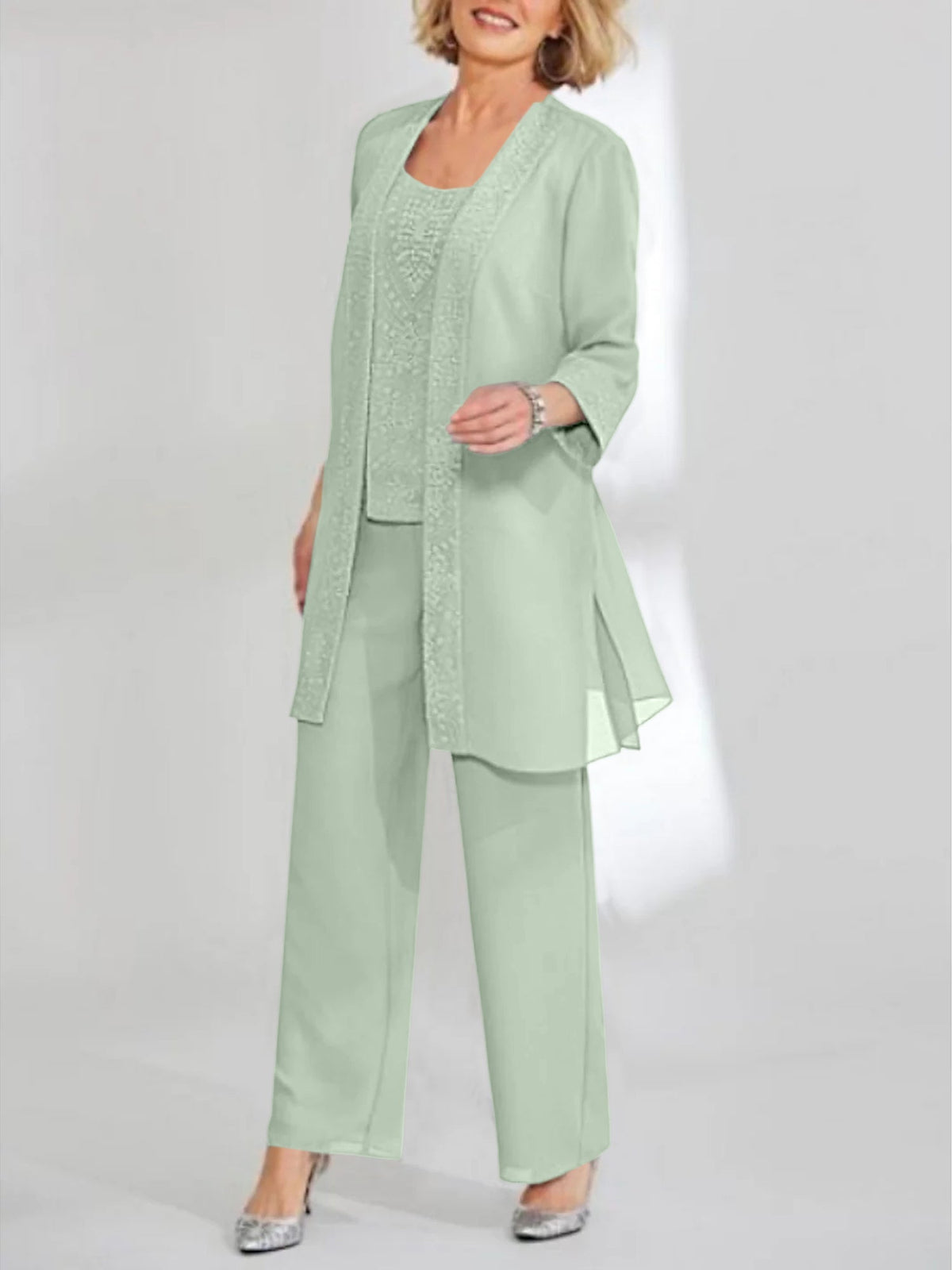 Ankle Length Chiffon Mother of the Bride Pantsuit with Jacket in Scoop Style