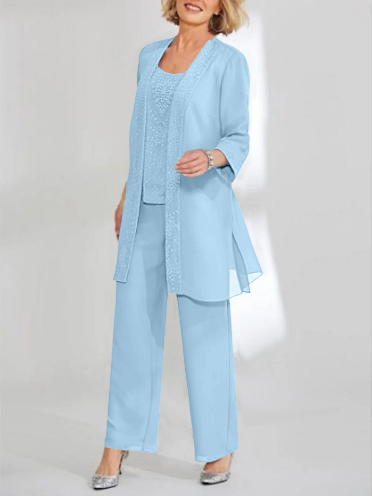 Ankle Length Chiffon Mother of the Bride Pantsuit with Jacket in Scoop Style