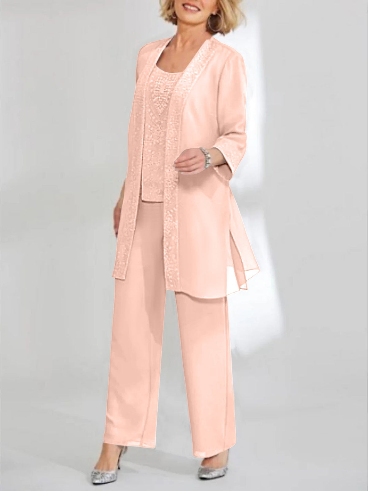 Ankle Length Chiffon Mother of the Bride Pantsuit with Jacket in Scoop Style