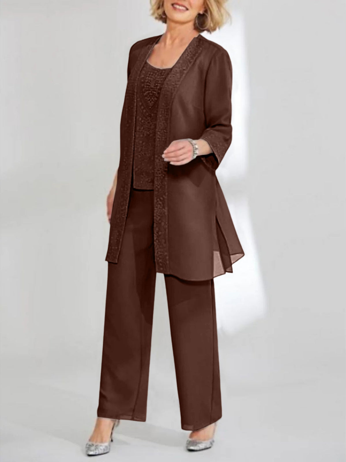 Ankle Length Chiffon Mother of the Bride Pantsuit with Jacket in Scoop Style