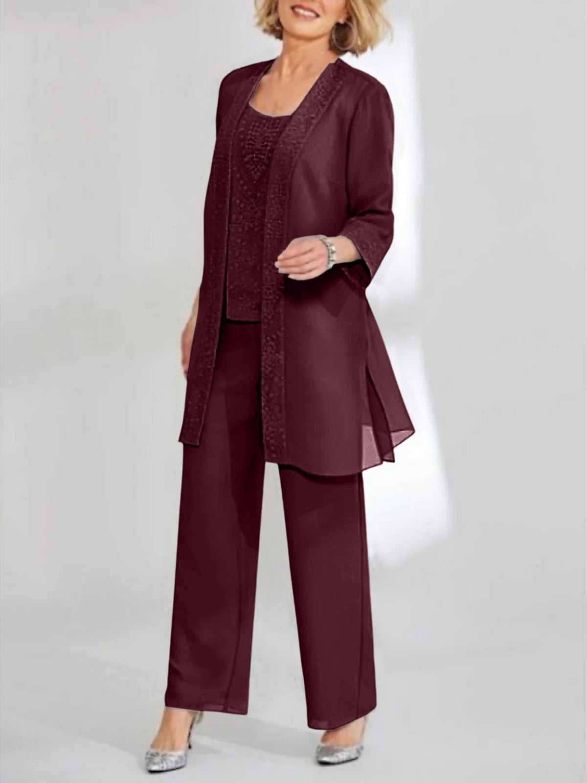 Ankle Length Chiffon Mother of the Bride Pantsuit with Jacket in Scoop Style