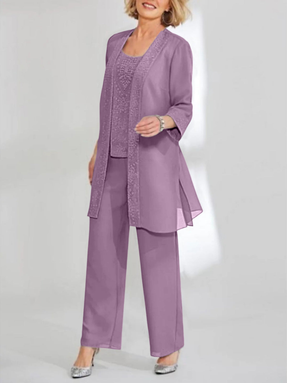 Ankle Length Chiffon Mother of the Bride Pantsuit with Jacket in Scoop Style