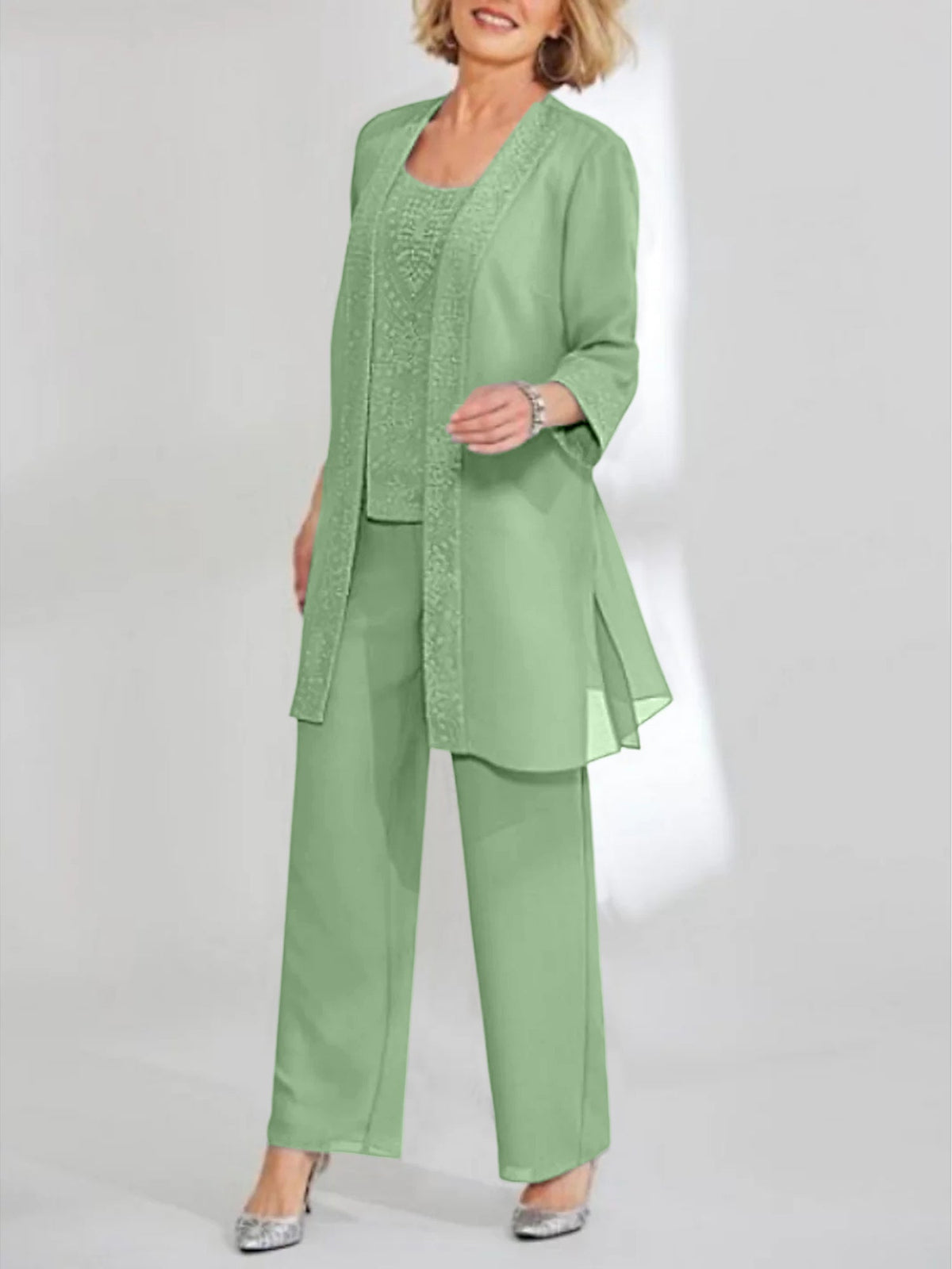 Ankle Length Chiffon Mother of the Bride Pantsuit with Jacket in Scoop Style