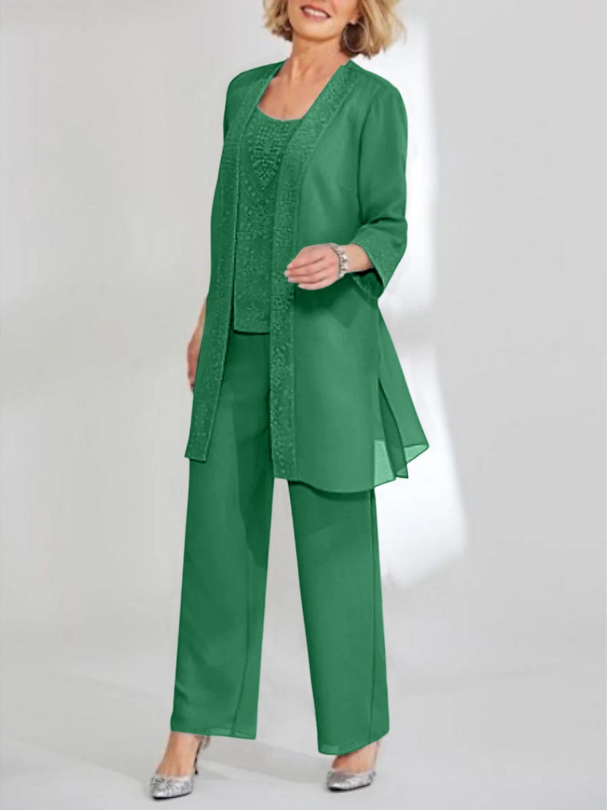 Ankle Length Chiffon Mother of the Bride Pantsuit with Jacket in Scoop Style