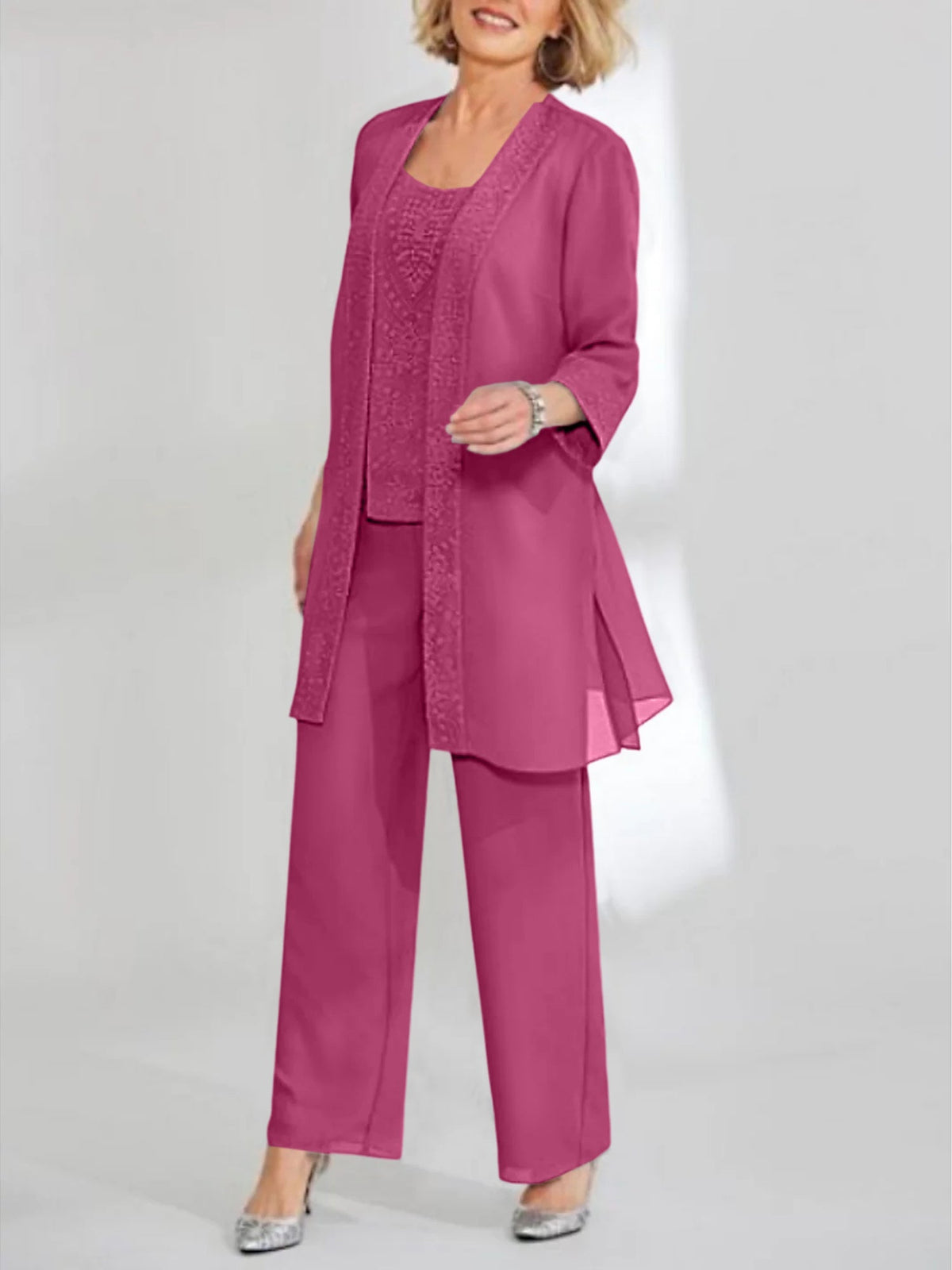 Ankle Length Chiffon Mother of the Bride Pantsuit with Jacket in Scoop Style