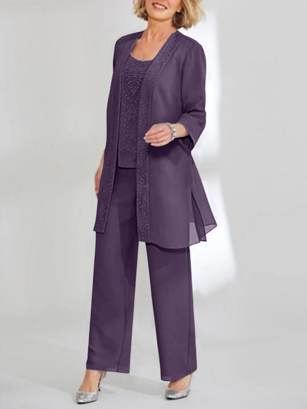 Ankle Length Chiffon Mother of the Bride Pantsuit with Jacket in Scoop Style