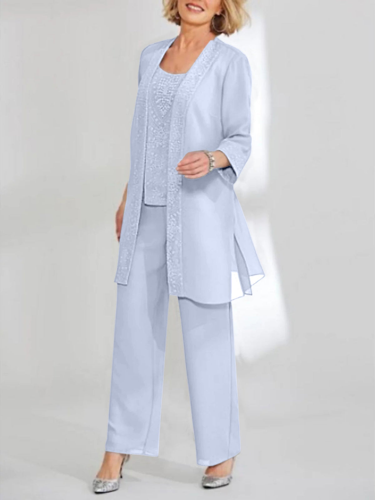 Ankle Length Chiffon Mother of the Bride Pantsuit with Jacket in Scoop Style