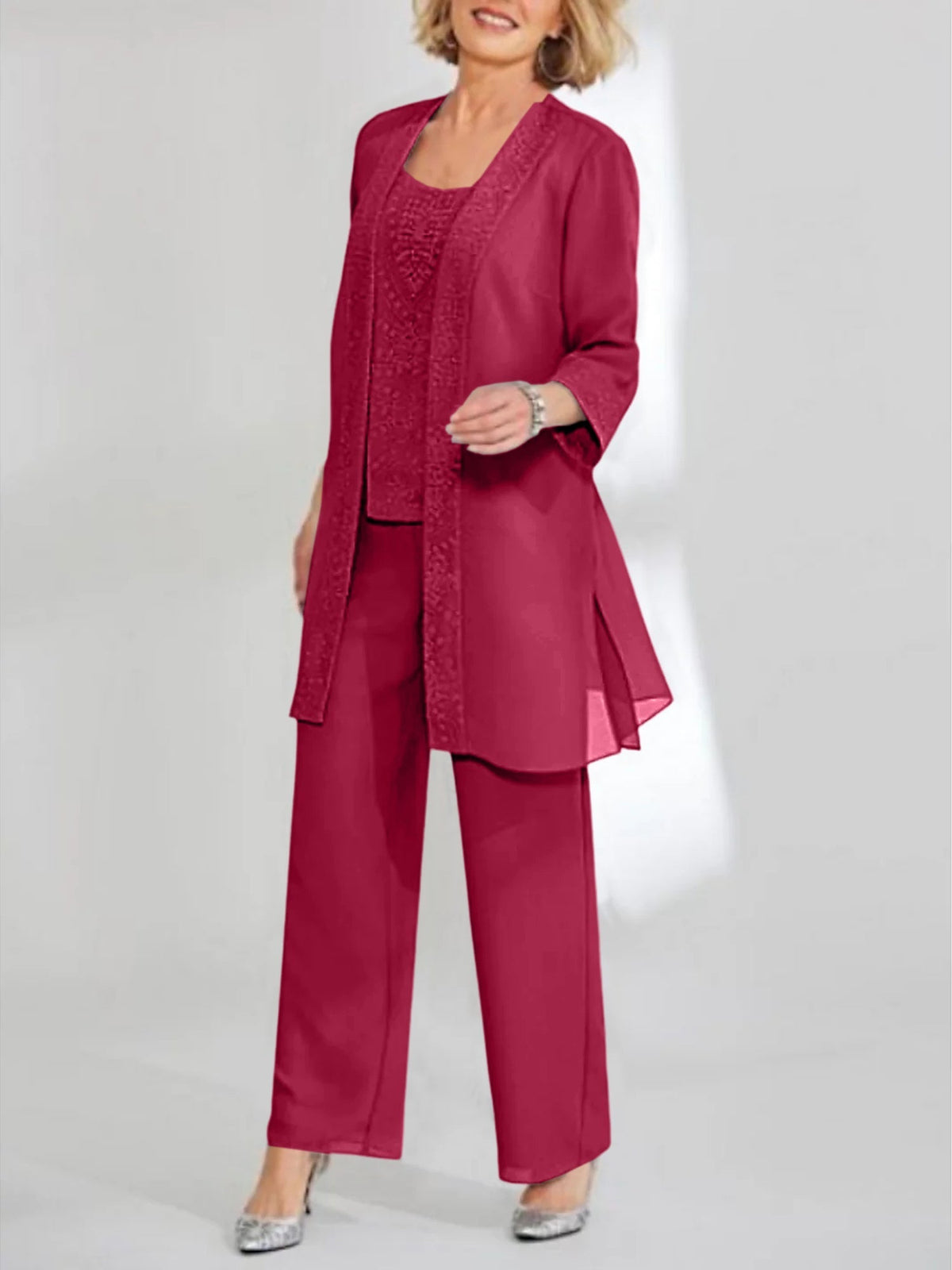 Ankle Length Chiffon Mother of the Bride Pantsuit with Jacket in Scoop Style