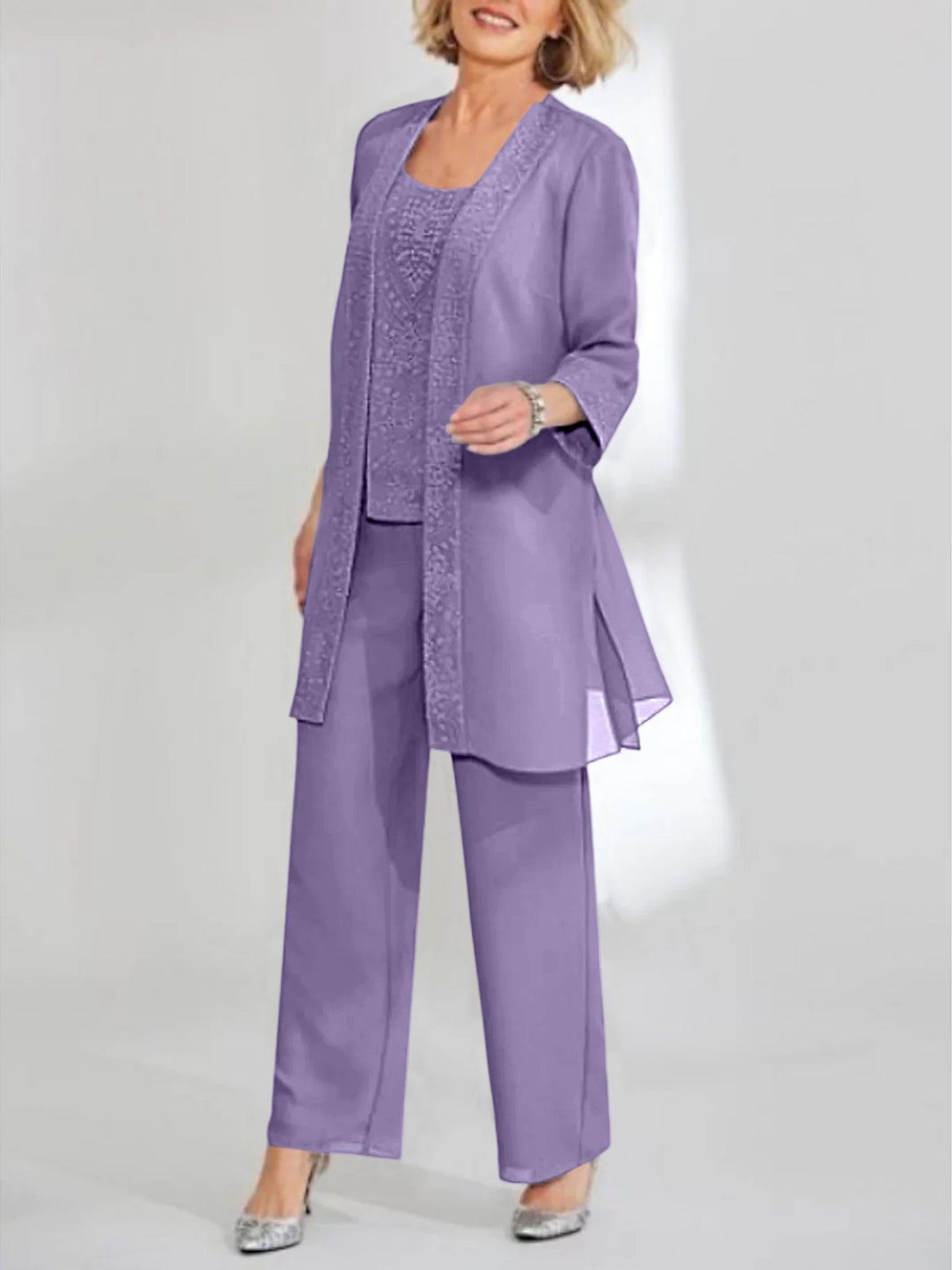Ankle Length Chiffon Mother of the Bride Pantsuit with Jacket in Scoop Style