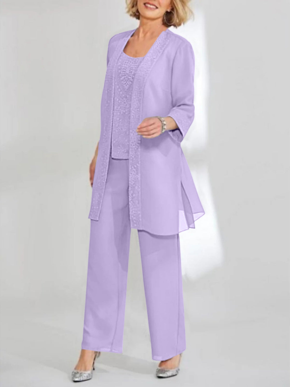 Ankle Length Chiffon Mother of the Bride Pantsuit with Jacket in Scoop Style