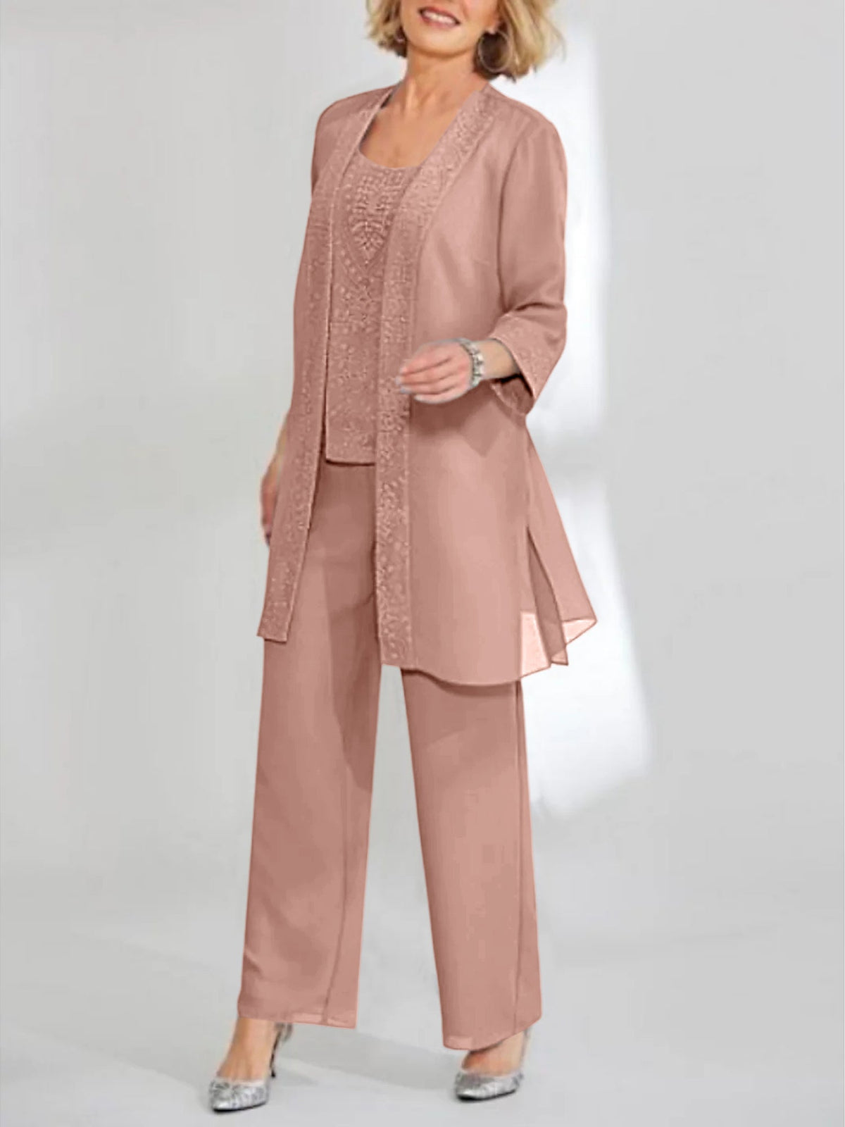Ankle Length Chiffon Mother of the Bride Pantsuit with Jacket in Scoop Style
