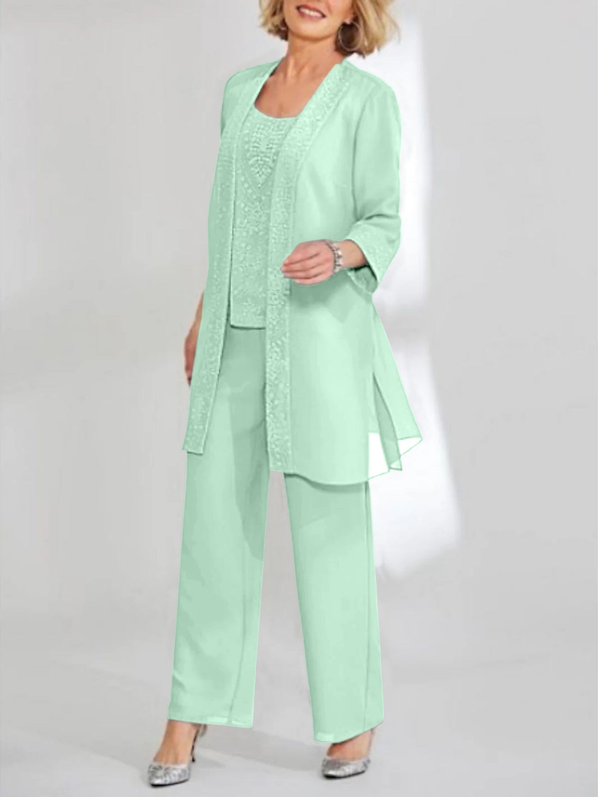 Ankle Length Chiffon Mother of the Bride Pantsuit with Jacket in Scoop Style