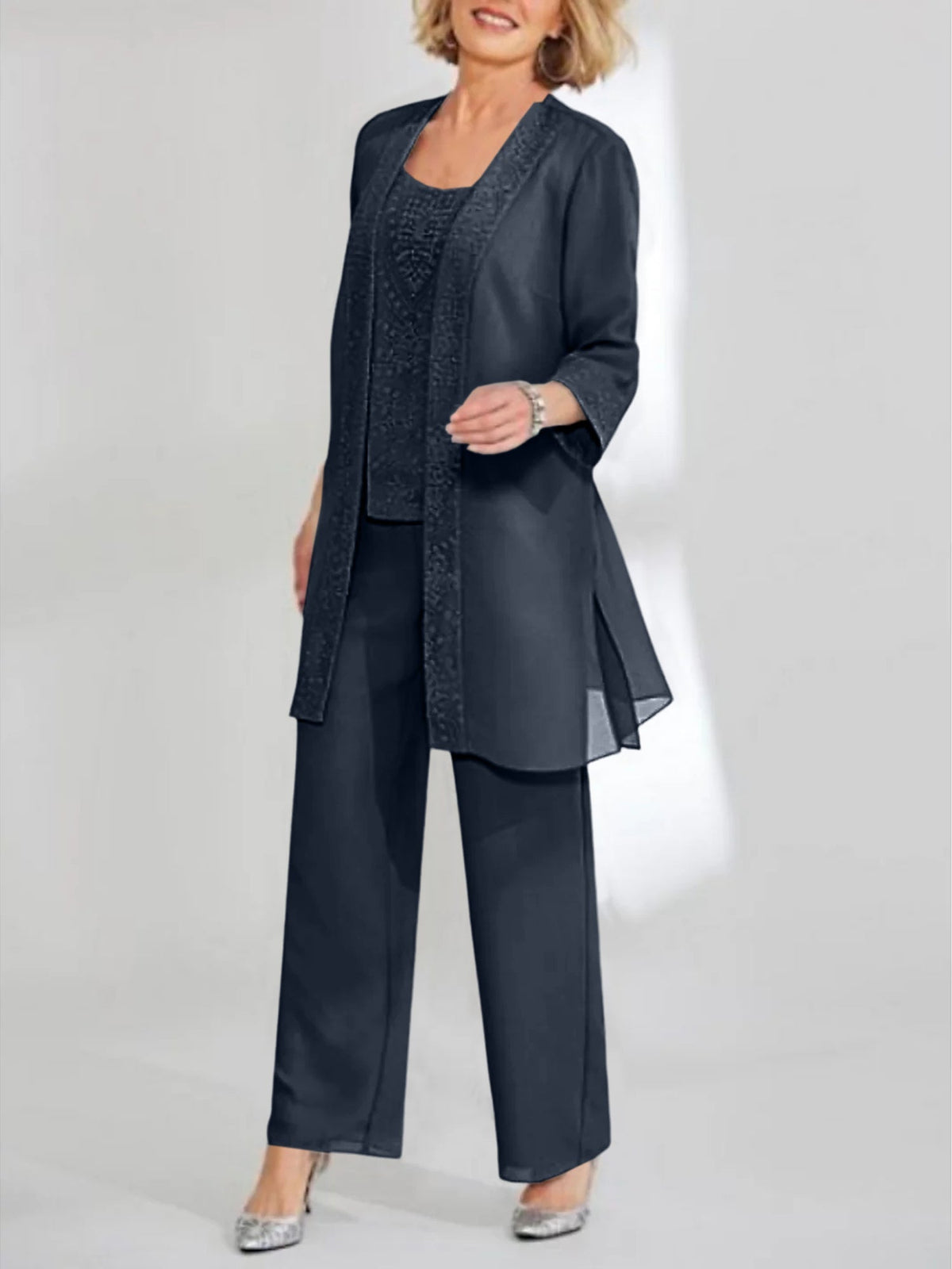 Ankle Length Chiffon Mother of the Bride Pantsuit with Jacket in Scoop Style