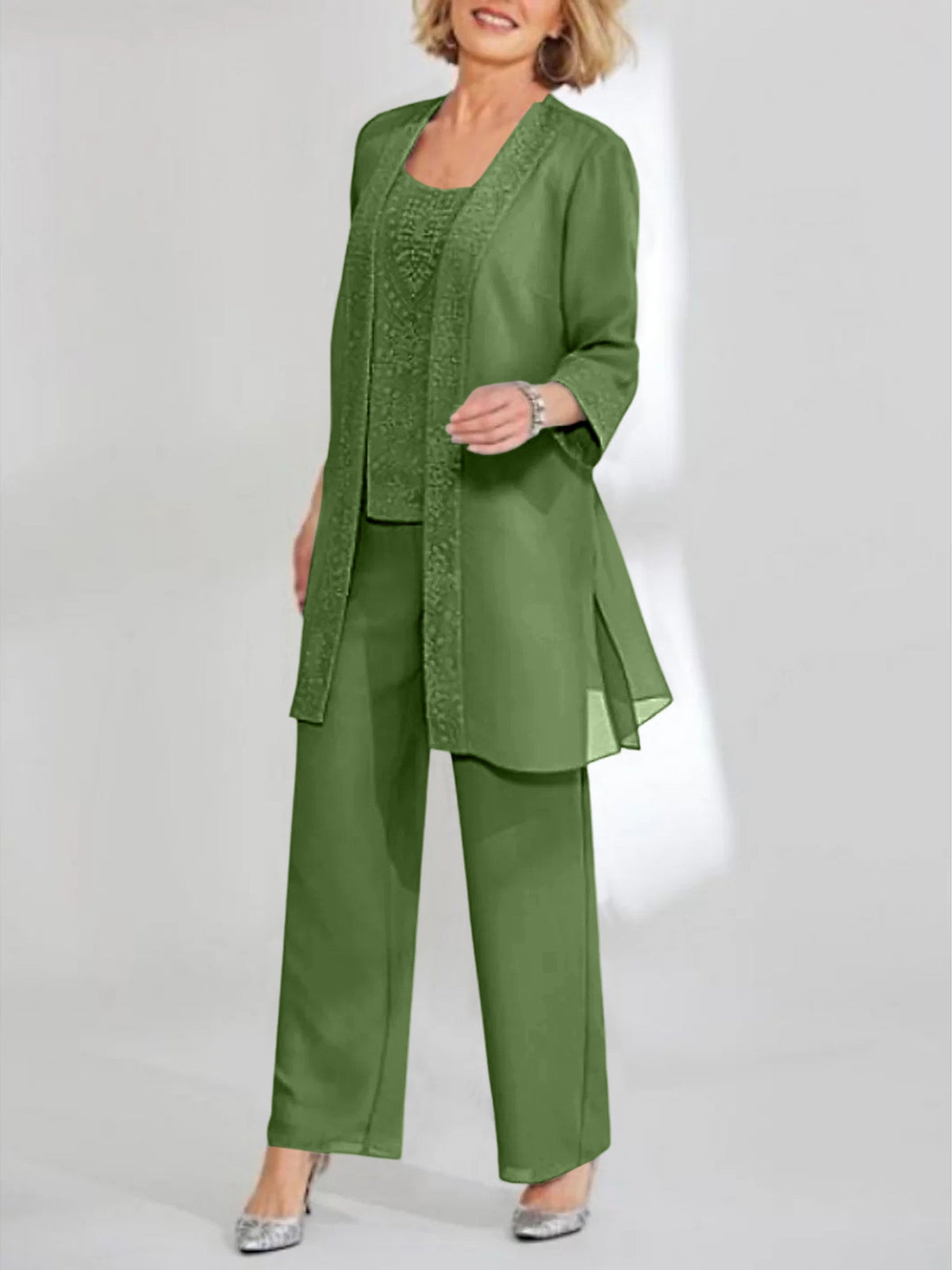 Ankle Length Chiffon Mother of the Bride Pantsuit with Jacket in Scoop Style
