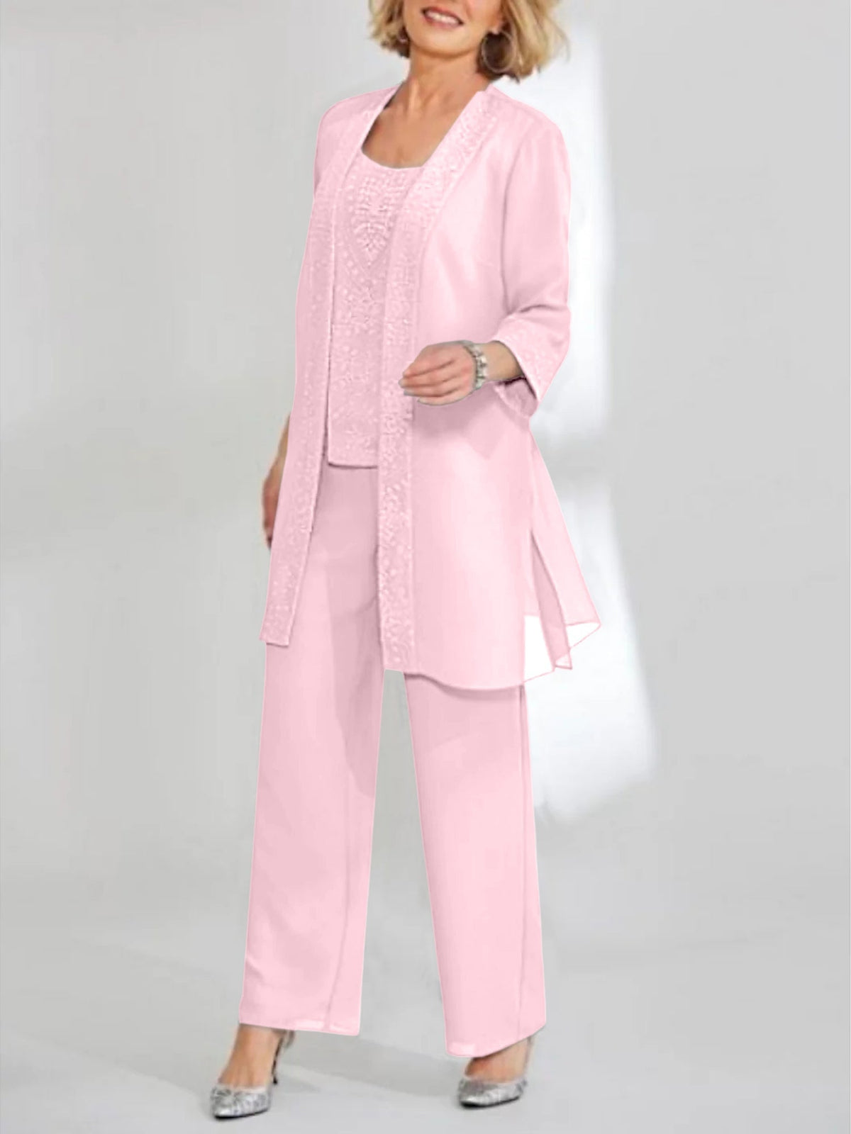 Ankle Length Chiffon Mother of the Bride Pantsuit with Jacket in Scoop Style