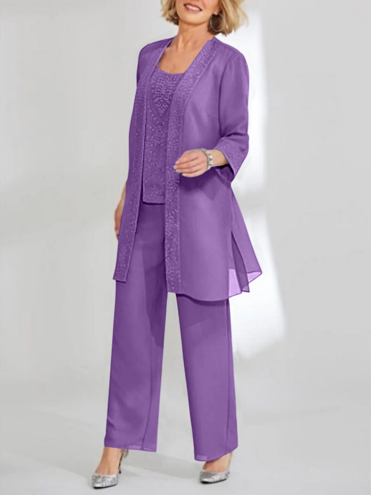 Ankle Length Chiffon Mother of the Bride Pantsuit with Jacket in Scoop Style