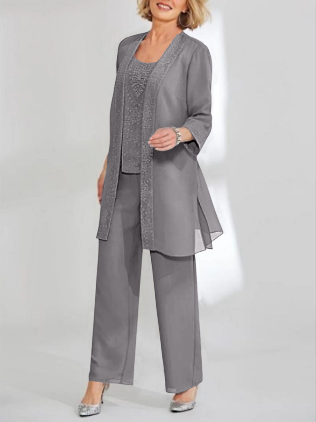 Ankle Length Chiffon Mother of the Bride Pantsuit with Jacket in Scoop Style