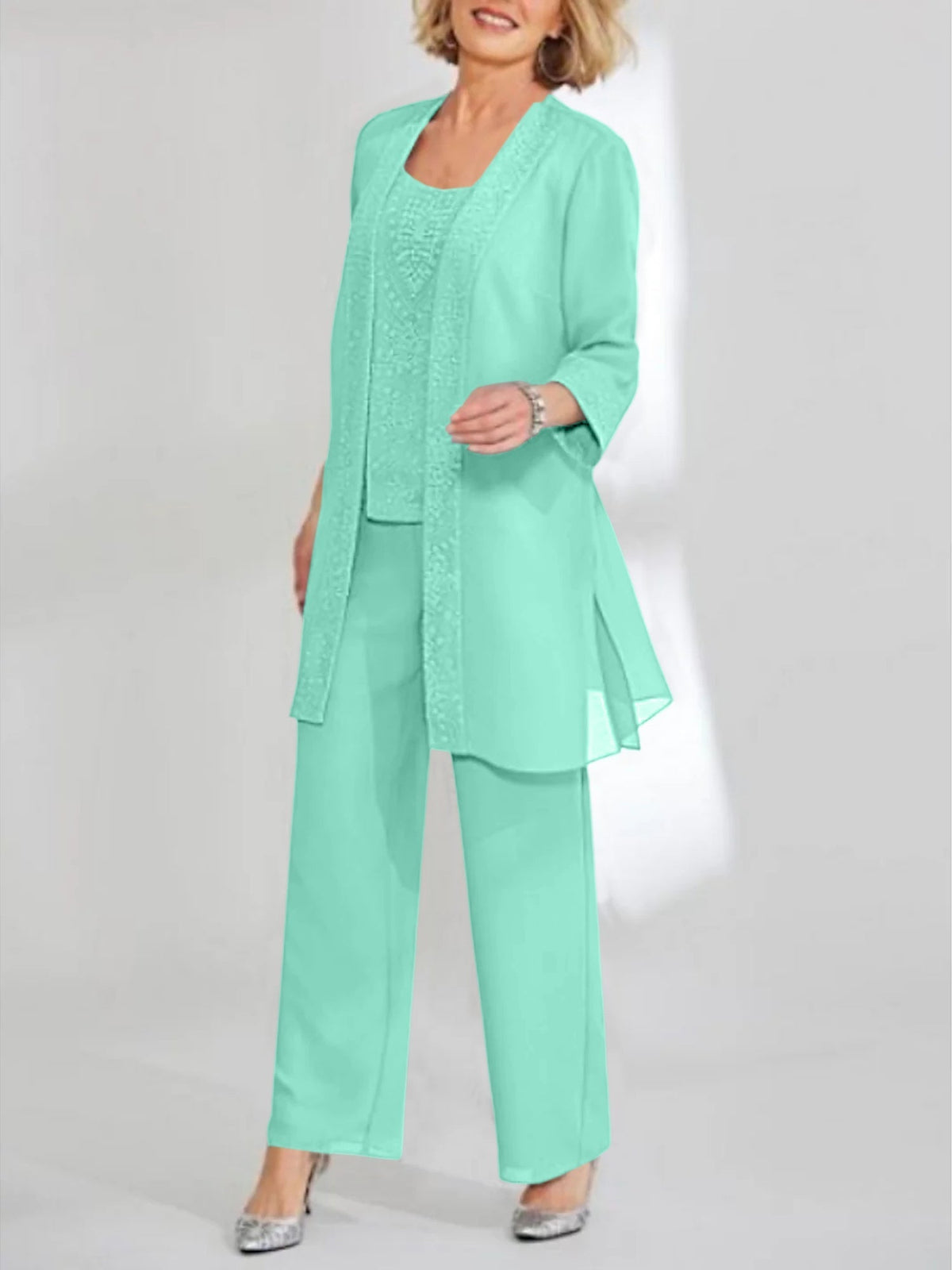 Ankle Length Chiffon Mother of the Bride Pantsuit with Jacket in Scoop Style