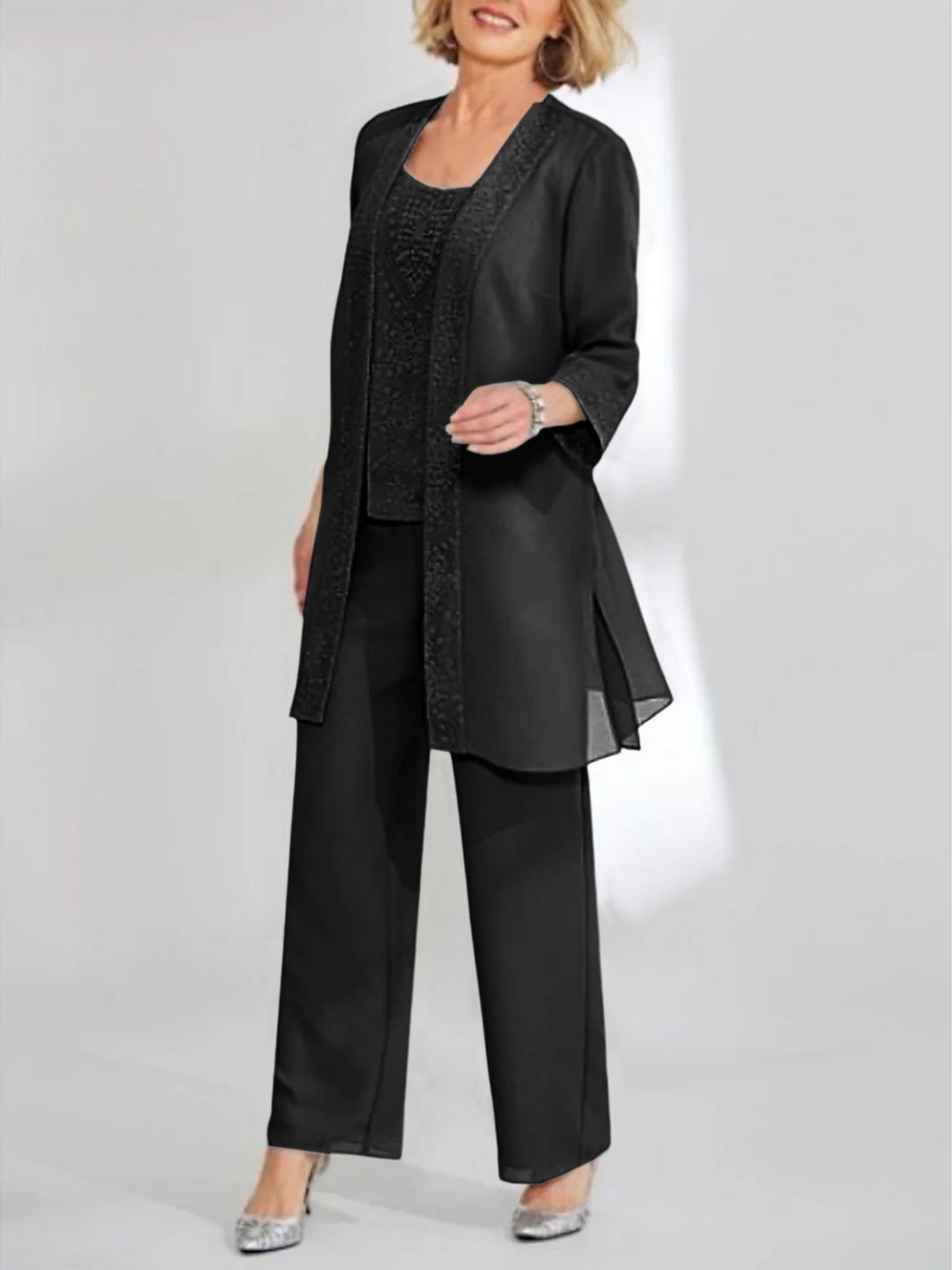 Ankle Length Chiffon Mother of the Bride Pantsuit with Jacket in Scoop Style