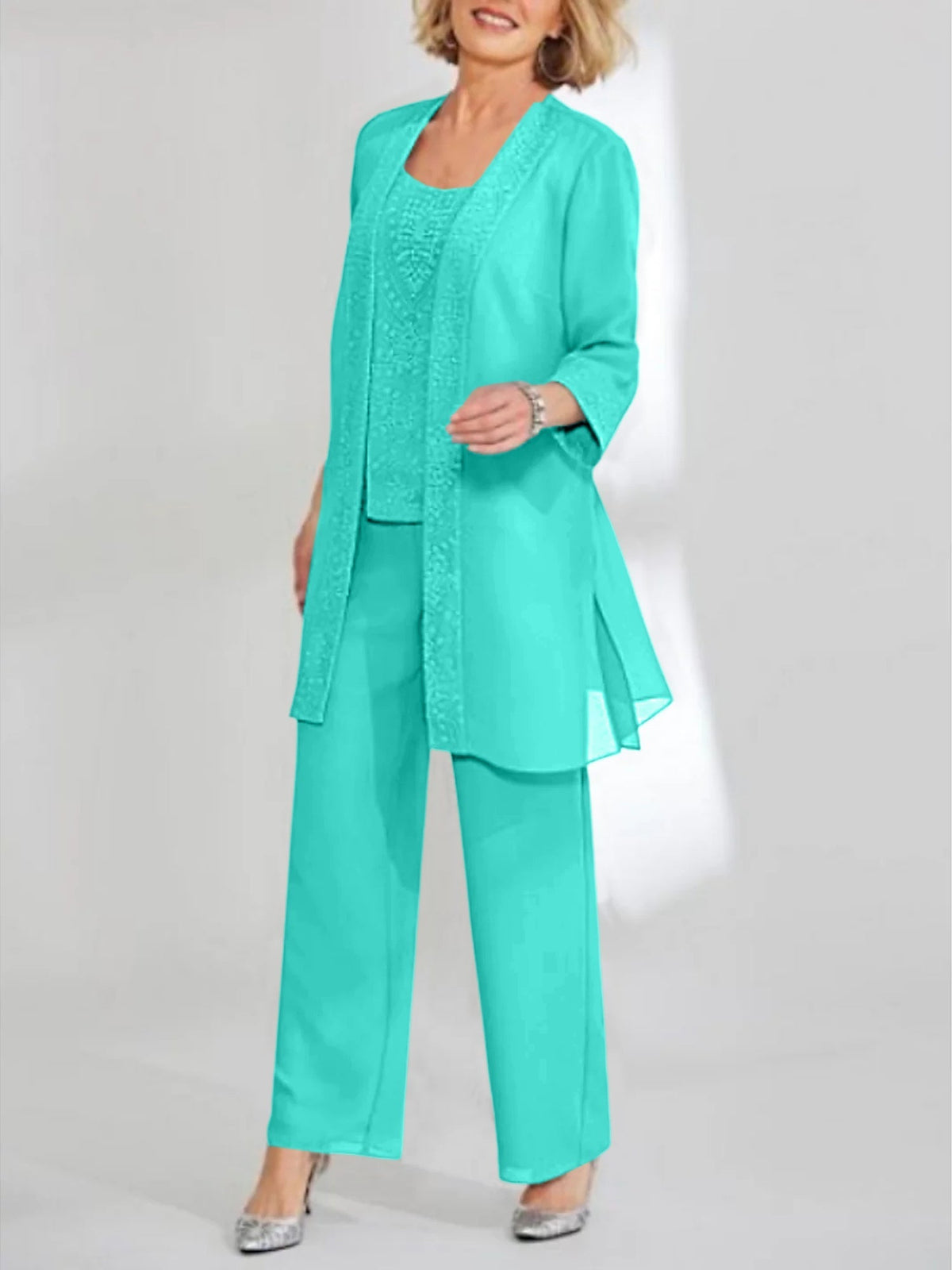 Ankle Length Chiffon Mother of the Bride Pantsuit with Jacket in Scoop Style