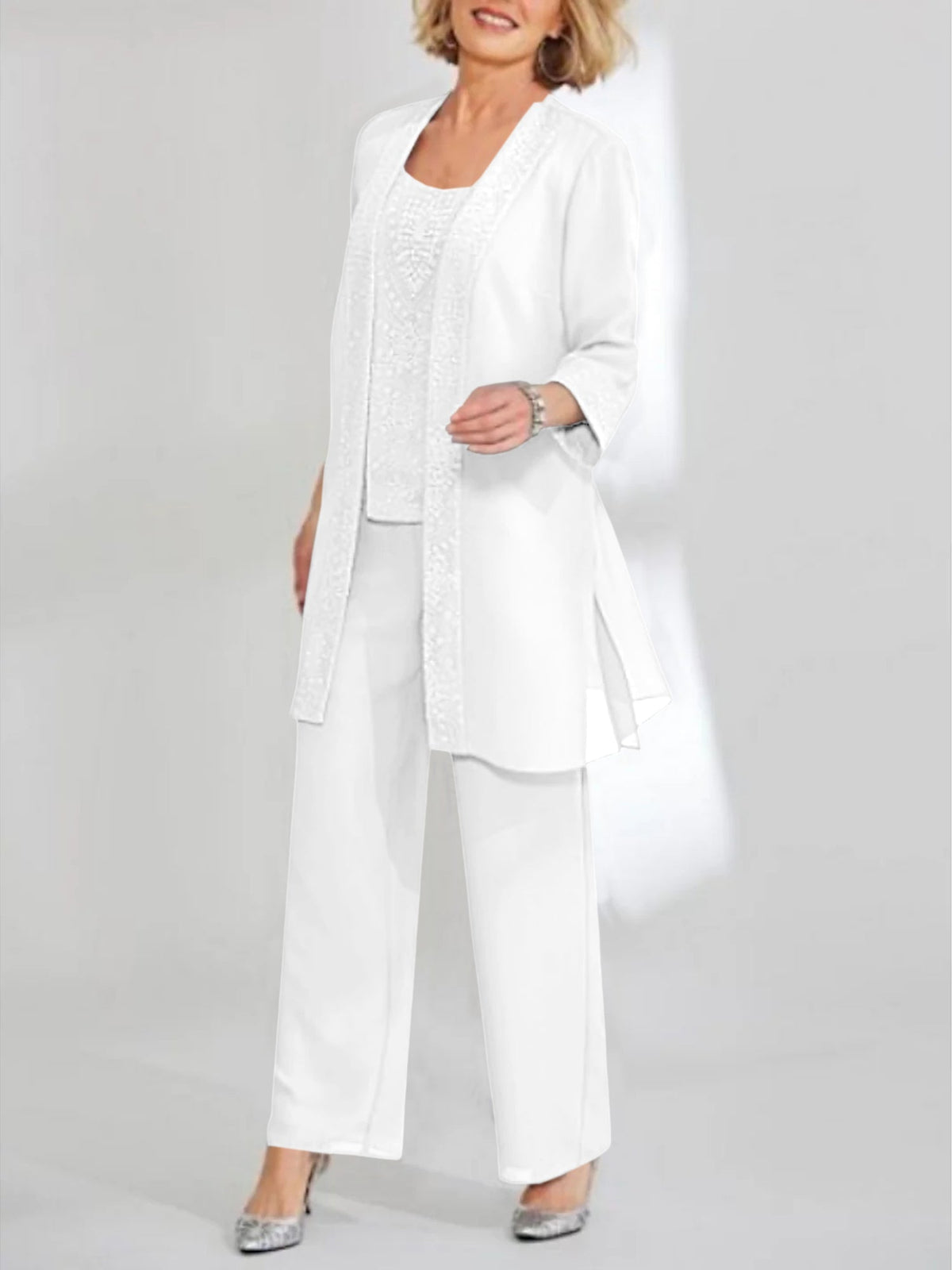 Ankle Length Chiffon Mother of the Bride Pantsuit with Jacket in Scoop Style