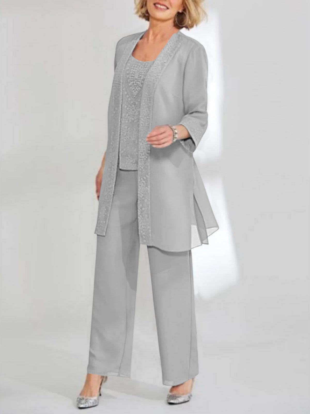 Ankle Length Chiffon Mother of the Bride Pantsuit with Jacket in Scoop Style