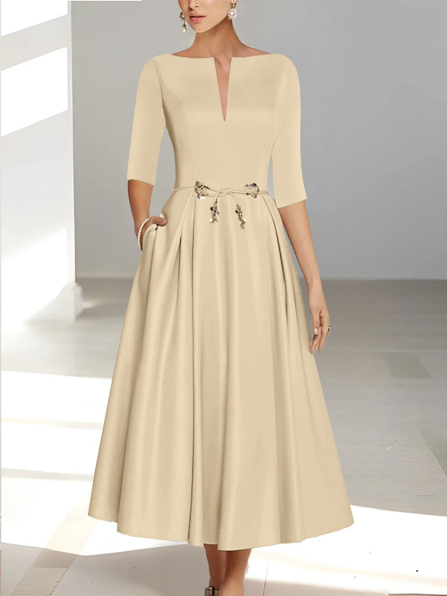 Ankle Length Mother of the Bride A Line Dress with Half Sleeves and Pockets