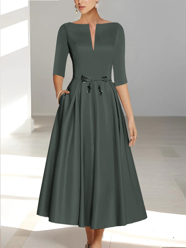 Ankle Length Mother of the Bride A Line Dress with Half Sleeves and Pockets