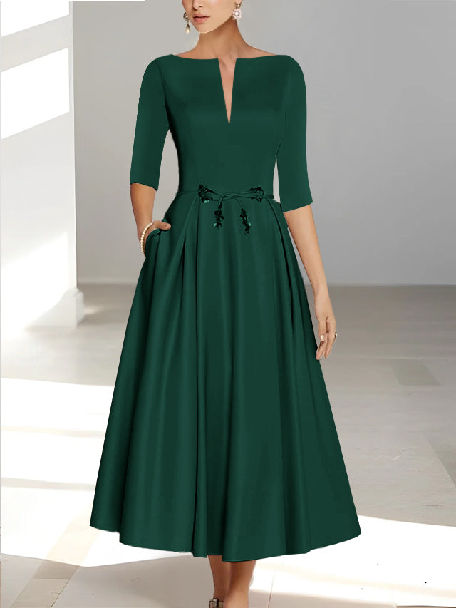 Ankle Length Mother of the Bride A Line Dress with Half Sleeves and Pockets