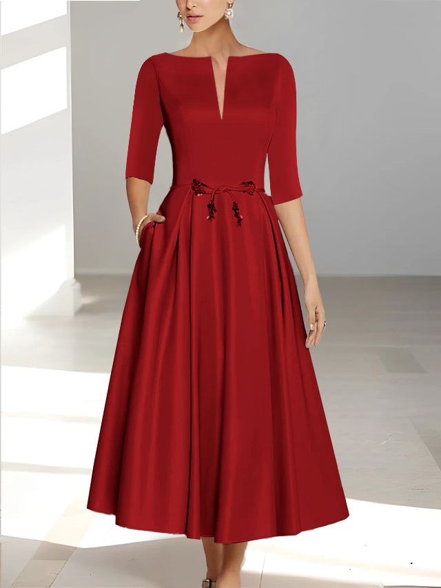 Ankle Length Mother of the Bride A Line Dress with Half Sleeves and Pockets