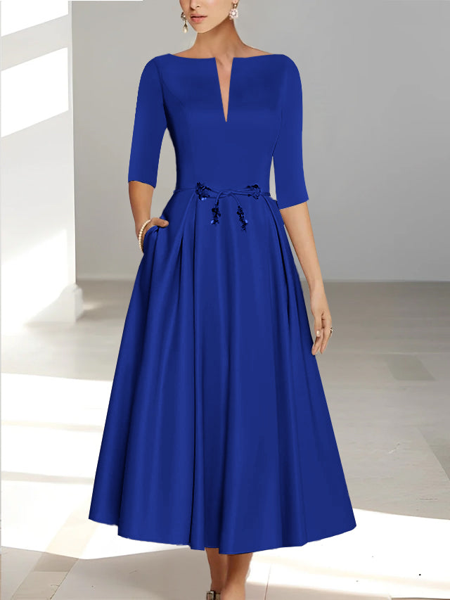 Ankle Length Mother of the Bride A Line Dress with Half Sleeves and Pockets