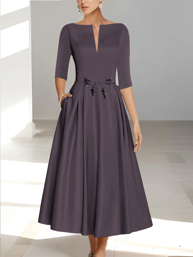 Ankle Length Mother of the Bride A Line Dress with Half Sleeves and Pockets