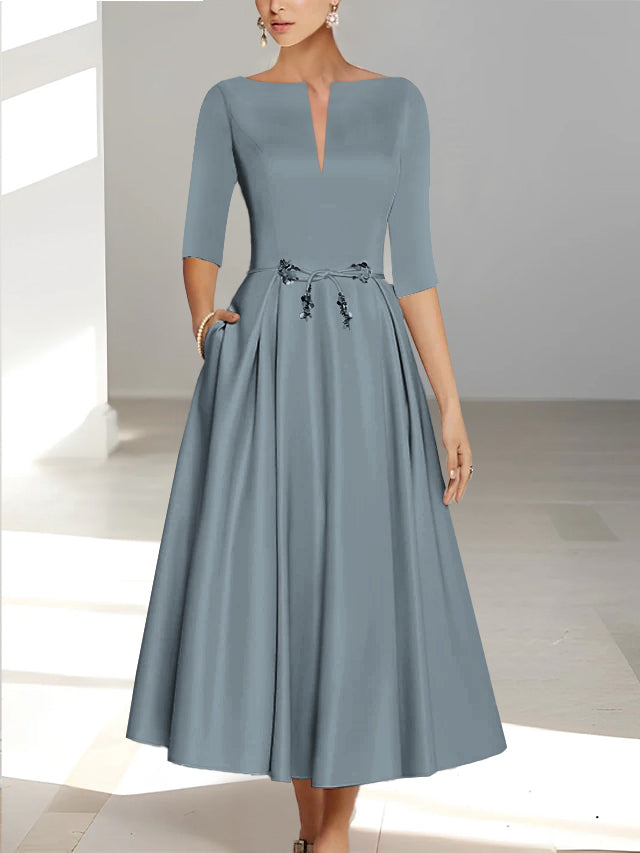 Ankle Length Mother of the Bride A Line Dress with Half Sleeves and Pockets