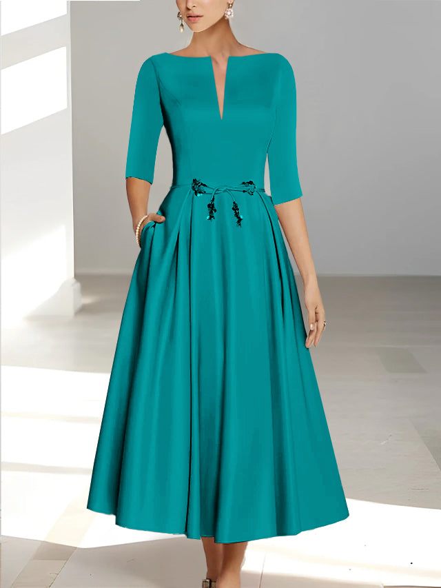 Ankle Length Mother of the Bride A Line Dress with Half Sleeves and Pockets